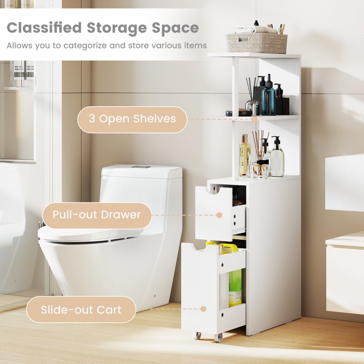 Slim freestanding bathroom cabinet in white with 3 open shelves and pull-out drawer, perfect for space-saving storage.