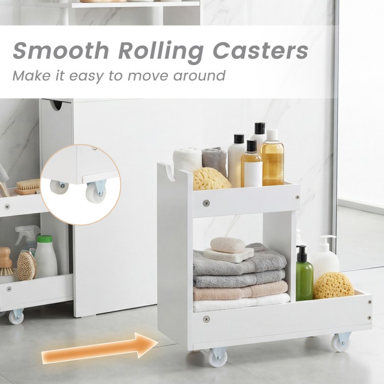 Freestanding white bathroom cabinet with open shelves and smooth rolling casters for easy mobility and space-saving use.