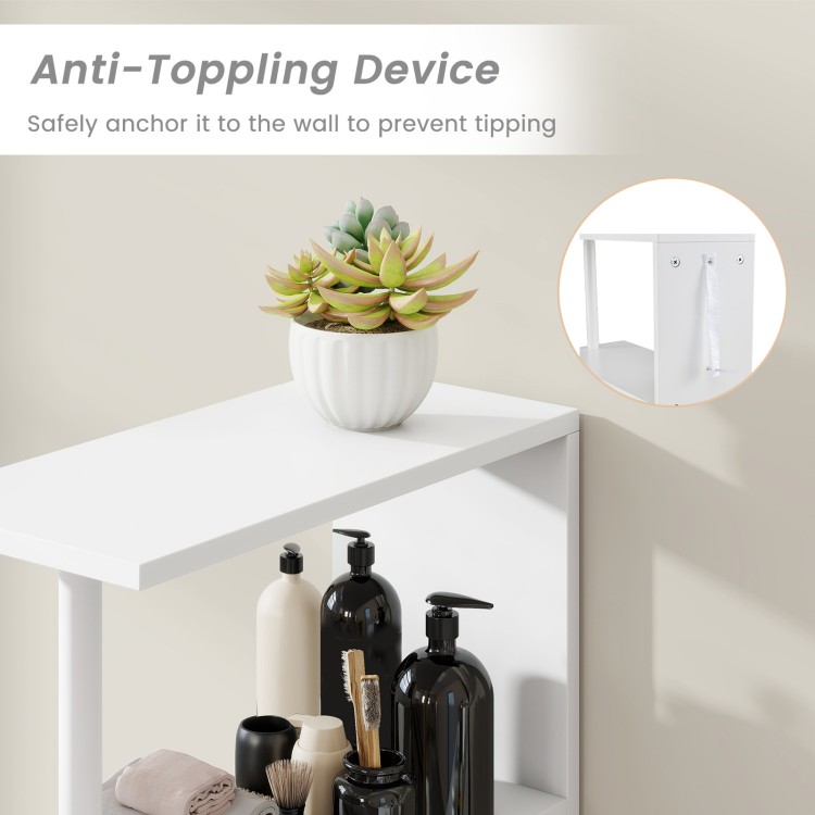 Slim storage bathroom cabinet with open shelves, anti-toppling device, and pull-out drawer for organized space-saving.