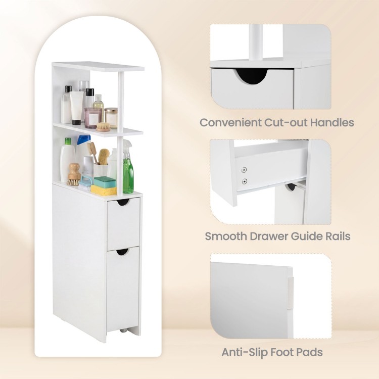 Slim white storage cabinet featuring open shelves, pull-out drawer, and anti-slip foot pads for bathroom organization.