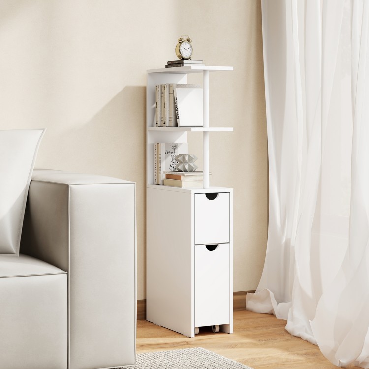 Slim white storage cabinet with open shelves and pull-out drawer, perfect for bathroom or living room organization.