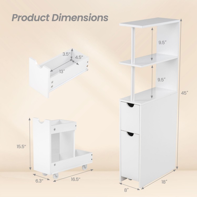 Slim storage bathroom cabinet dimensions with open shelves, pull-out drawer, and rolling casters for easy mobility.