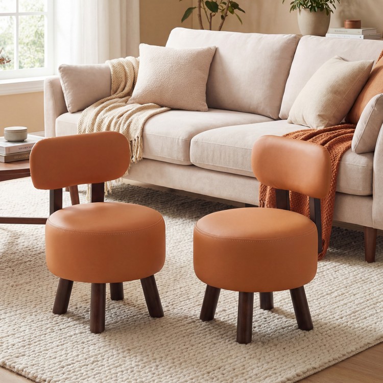 Round orange footrest stools set of 2 with backrest, featuring faux leather and rubber wood legs for living room use.