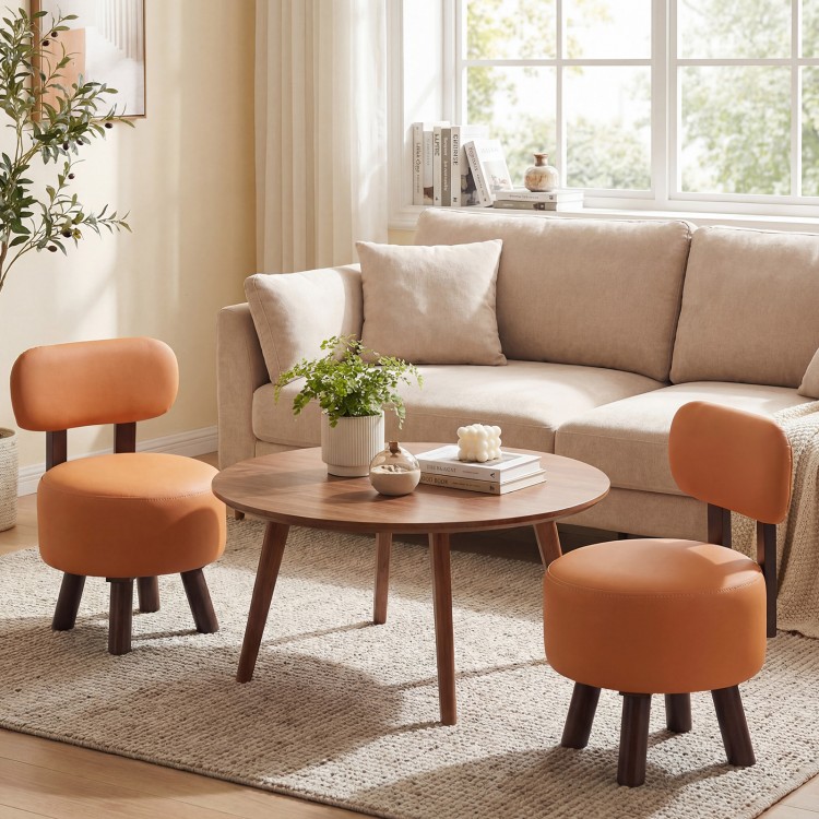 Round orange footrest stools set of 2 with backrest, featuring rubber wood legs and ergonomic design for living room.