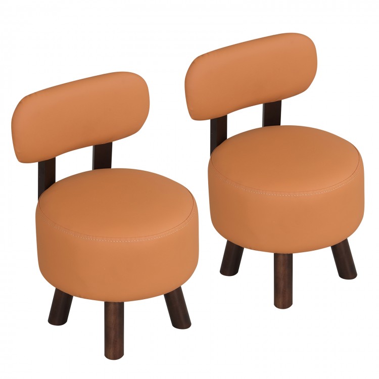 Set of 2 round orange ottoman stools with backrest, featuring faux leather and rubber wood legs for living room use.