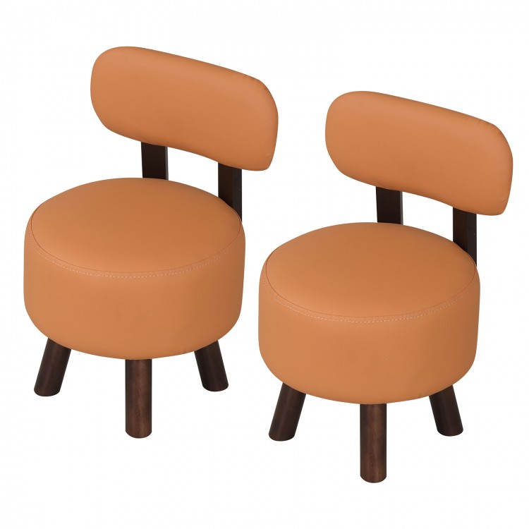 Set of 2 round orange ottoman stools with backrest, featuring rubber wood legs and ergonomic design for comfort.