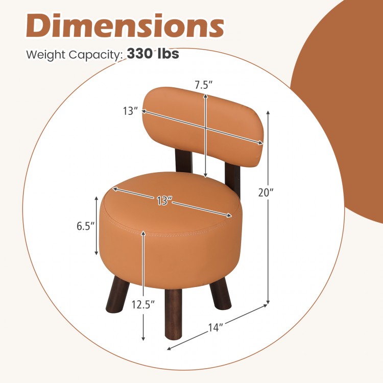 Round orange footrest stool with backrest, faux leather, rubber wood legs, 330 lbs capacity, ideal for living rooms.