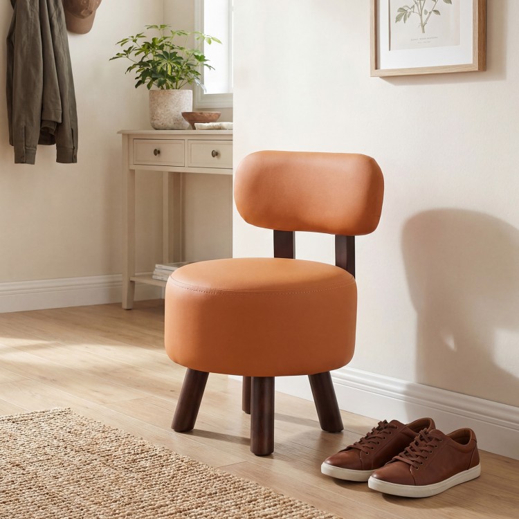 Round orange ottoman with backrest, faux leather, rubber wood legs, ideal for living rooms or entryways.