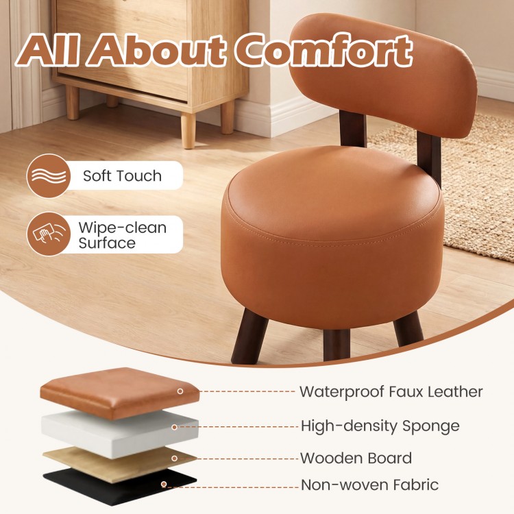 Round orange footrest stool with backrest, featuring wipe-clean faux leather and ergonomic design for comfort.