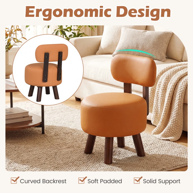 Curved backrest small footrest stool in orange faux leather with rubber wood legs, ideal for living rooms or bedrooms.