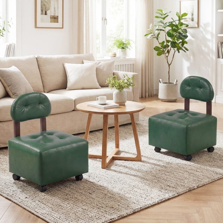 Green small rolling footrest stools set of 2 with supportive backrest, lockable wheels, ideal for living rooms or.