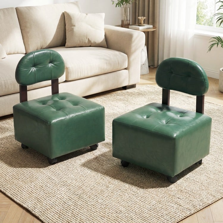 Green small rolling footrest stools set of 2 with lockable wheels, featuring supportive backrests for versatile use.