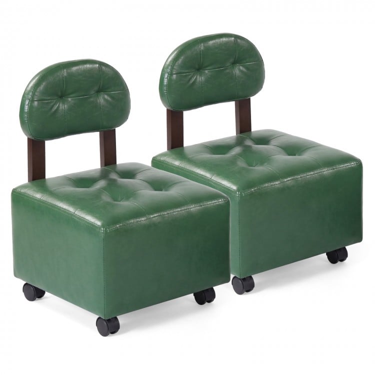 Green small rolling footrest stool showcasing a faux leather surface and sturdy support rods, perfect for easy mobility.