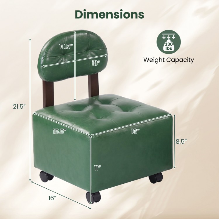 Green small rolling footrest stool with supportive backrest, lockable wheels, and compact design for versatile use.