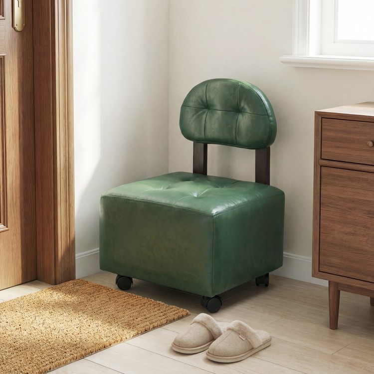 Small green rolling footrest stool with supportive backrest, ideal for living rooms or entryways, featuring lockable.