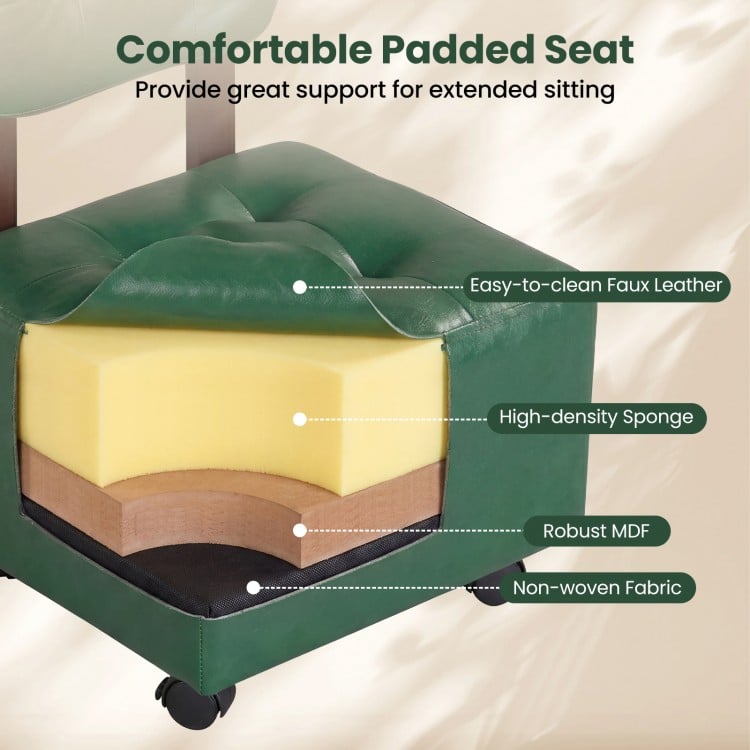 Small green rolling footrest stool showing padded seat layers, featuring faux leather and robust MDF for versatile use.