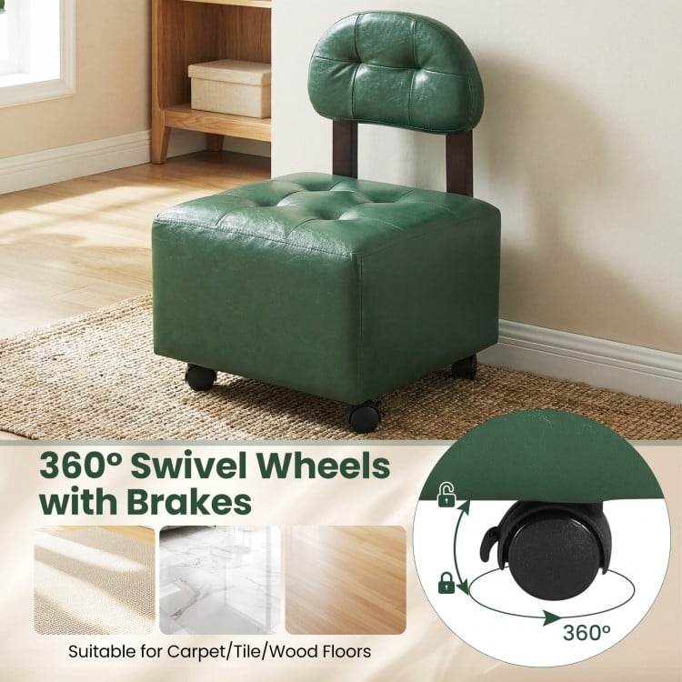 Green small rolling footrest stool with supportive backrest and 360° swivel wheels, ideal for living rooms and bedrooms.