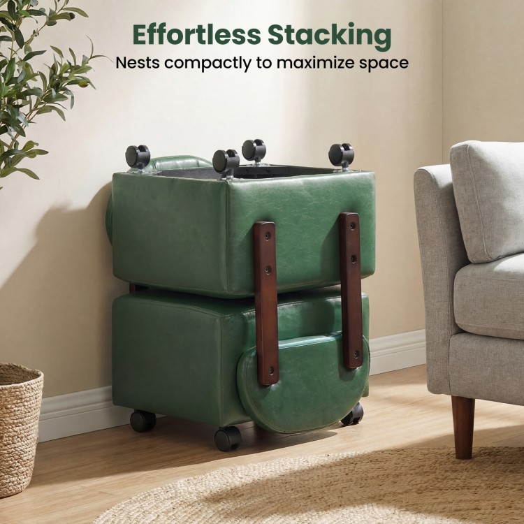 Small green rolling footrest stools set of 2 with lockable wheels, designed for compact nesting and versatile use.