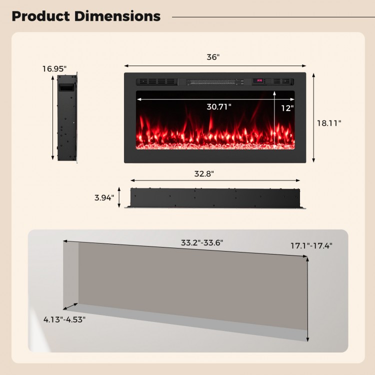 Dimension details for the 36-inch Smart WiFi Electric Fireplace, showing wall-mounted and recessed installation.