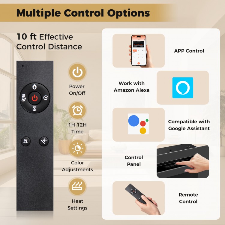 Remote control for Smart WiFi Electric Fireplace with 10 ft range, timer settings, and color adjustments for customized.