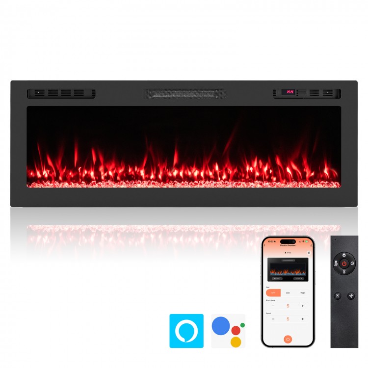 Wall-mounted 50-inch smart WiFi electric fireplace with adjustable flame colors and 750W/1500W heating options.