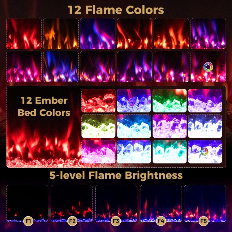 Color options for the Smart WiFi Electric Fireplace, showcasing 12 flame colors and 12 ember bed colors for ambiance.