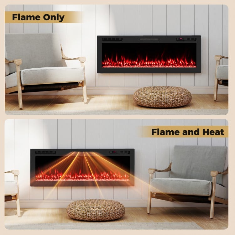 Smart WiFi electric fireplace showing flame-only and flame with heat settings, perfect for cozy ambiance and warmth.