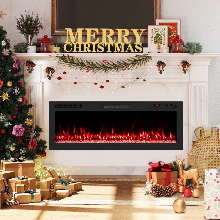 Wall-mounted 50-inch Smart WiFi Electric Fireplace with 12 flame colors, 750W/1500W heating, perfect for cozy holiday.