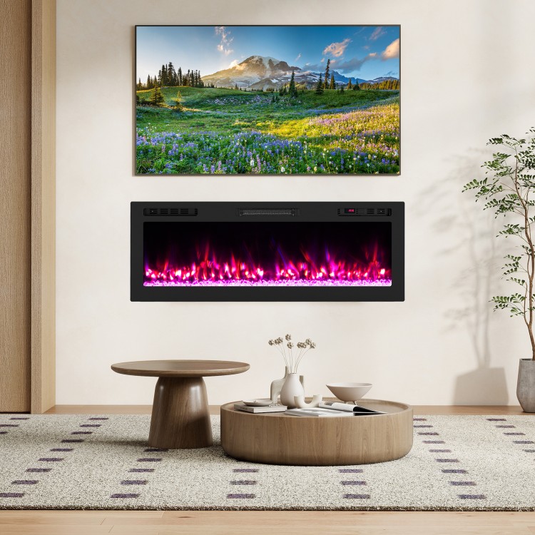Wall-mounted Smart WiFi Electric Fireplace with 12 flame colors, 750W/1500W heating for cozy living spaces.