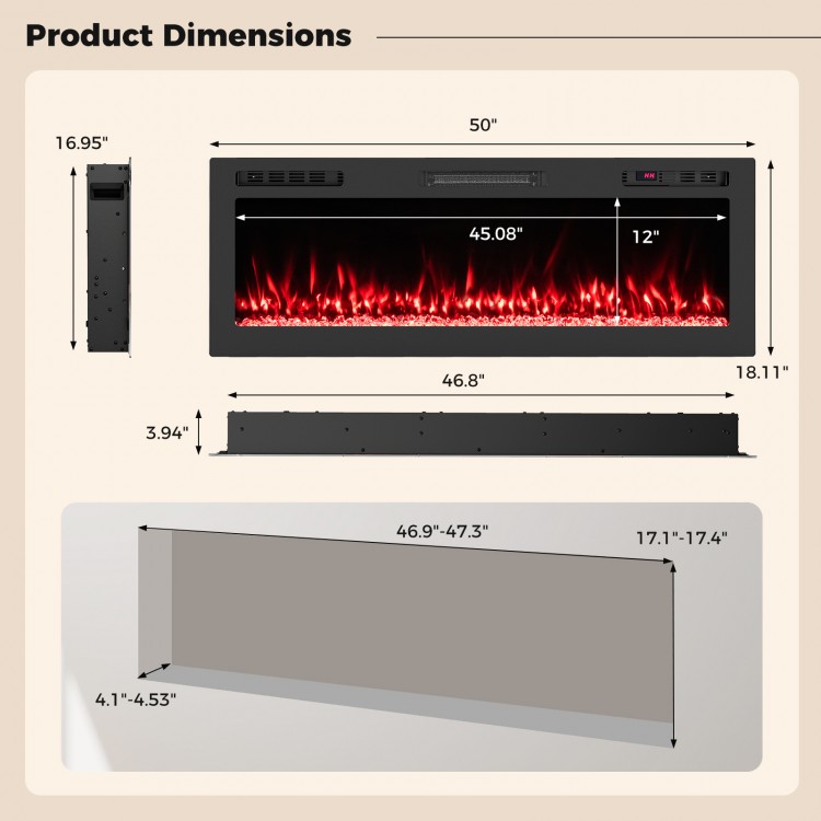Dimensions of the Smart WiFi Electric Fireplace, 50-inch wall-mounted heater with 750W/1500W options for 400 sq.ft.