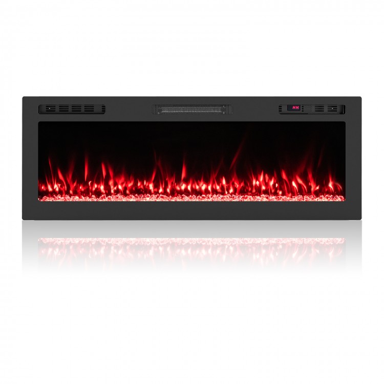 Wall-mounted 50-inch Smart WiFi electric fireplace with customizable flame colors and 750W/1500W heating options.