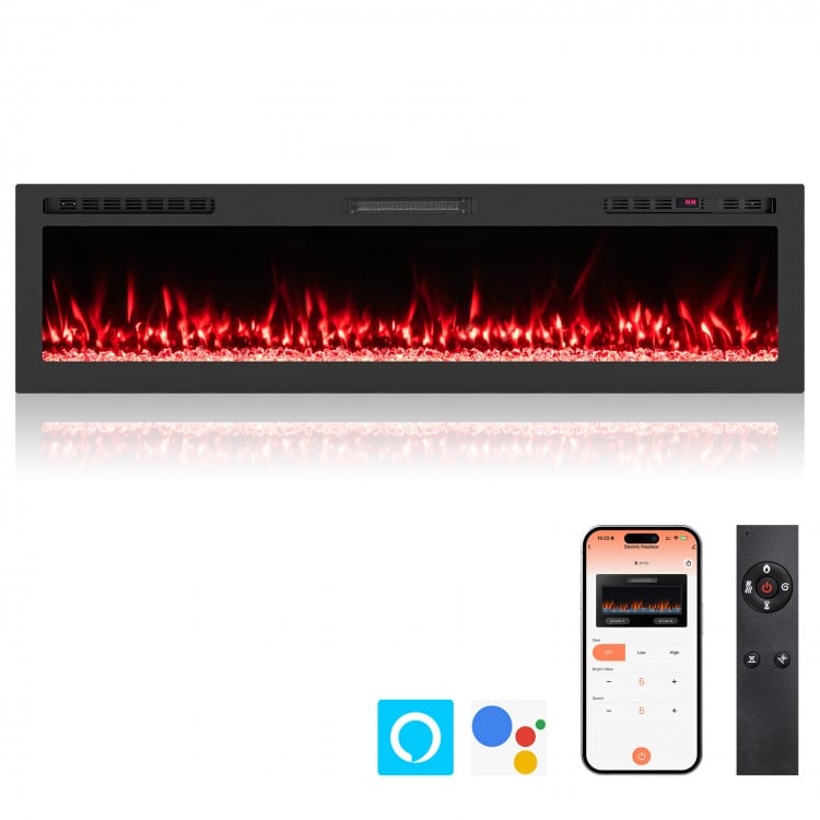 Smart WiFi electric fireplace, 68-inch wall-mounted heater with 12 flame colors and remote control for cozy ambiance.