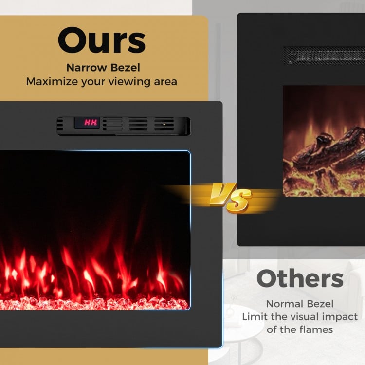 Narrow bezel electric fireplace showing vibrant flames, designed for wall mounting or recessed installation.