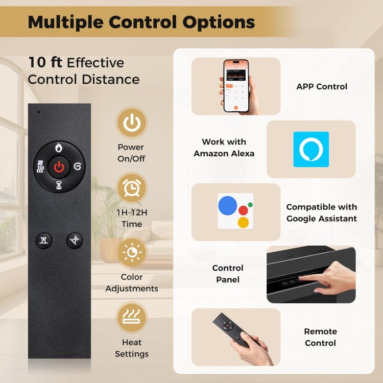 Remote control for Smart WiFi Electric Fireplace with 10 ft range, featuring timer, color adjustments, and heat.