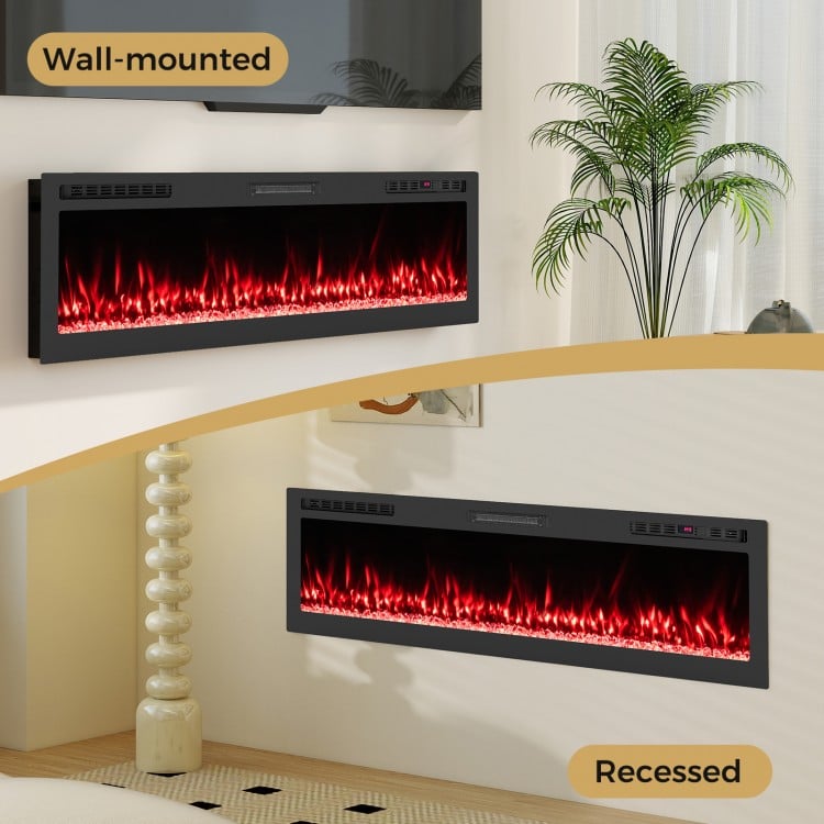 Wall-mounted and recessed 68-inch Smart WiFi electric fireplace with customizable flame colors and 750W/1500W heating.