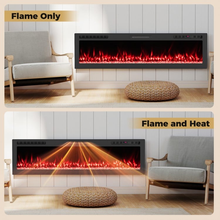 Wall-mounted smart WiFi electric fireplace with flame-only and heat settings, featuring 12 color options for ambiance.