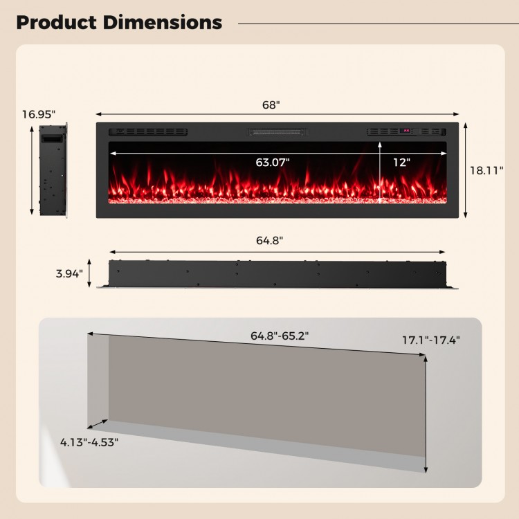 Dimensions of the 68-inch Smart WiFi Electric Fireplace, showing wall-mounted and recessed installation options.