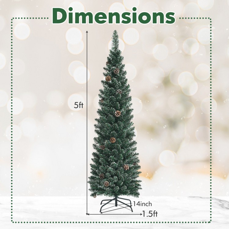 5 ft snowy artificial pencil Christmas tree with pine cones, featuring a slim design and enhanced metal stand for.