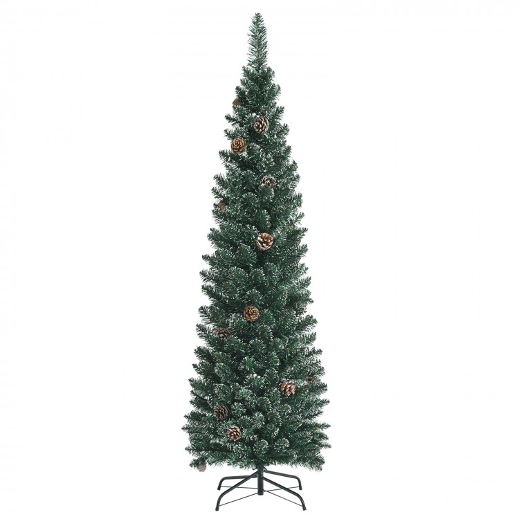 Slim 5 ft snowy artificial pencil Christmas tree with pine cones, perfect for festive indoor decoration and.