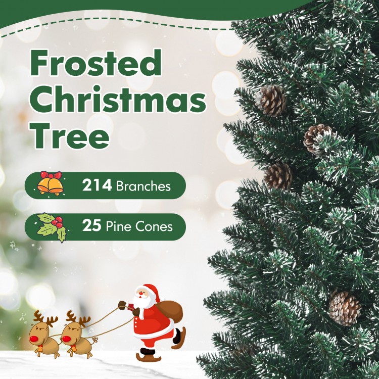 Snowy artificial pencil Christmas tree with 214 branches and 25 pine cones, perfect for festive indoor decoration.