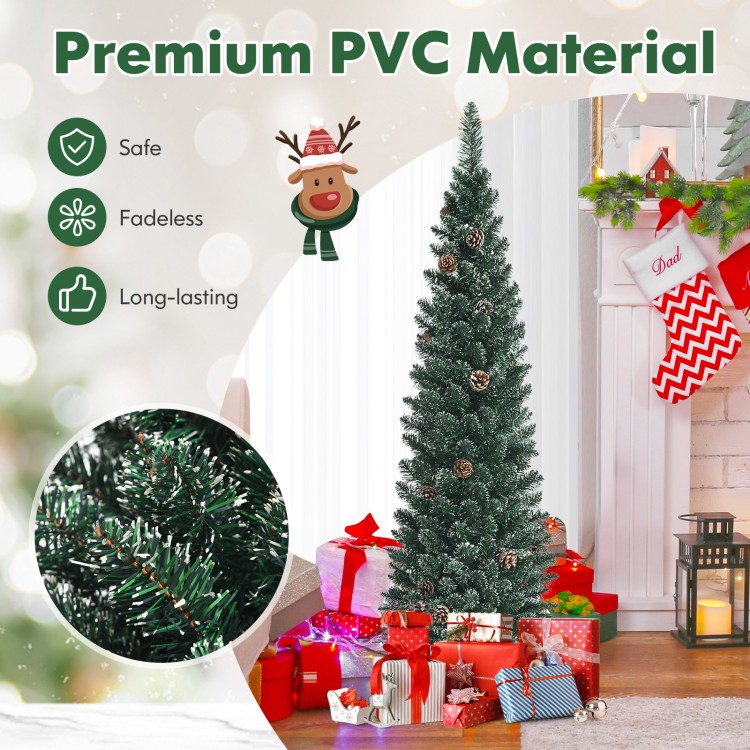 Snowy 5 ft artificial pencil Christmas tree with pine cones, made of premium PVC, perfect for festive indoor decoration.