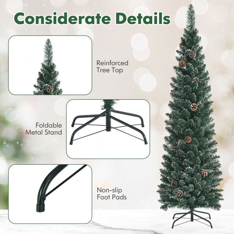 Snowy 5 ft artificial pencil Christmas tree with pine cones, featuring a foldable metal stand for stable support.