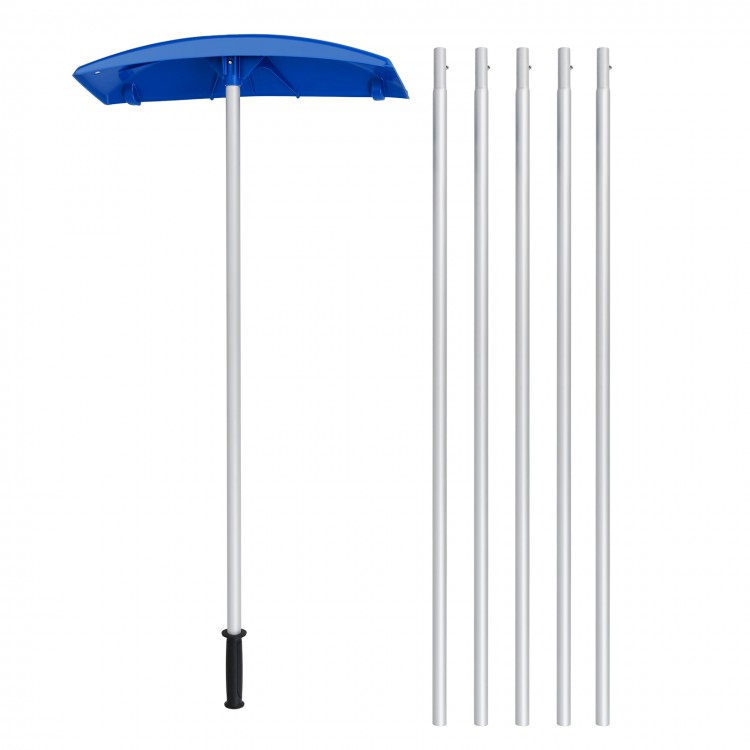 Snow roof rake with a 24-inch wide blade and adjustable length, featuring protective wheels for efficient snow removal.