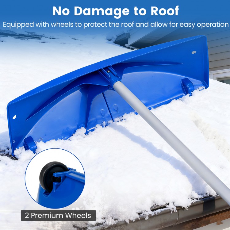 Snow roof rake with 24-inch wide blade and wheels, designed for efficient snow removal without damaging the roof.