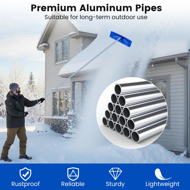 Snow roof rake with a 24-inch wide blade and adjustable length, made of premium aluminum for efficient snow removal.