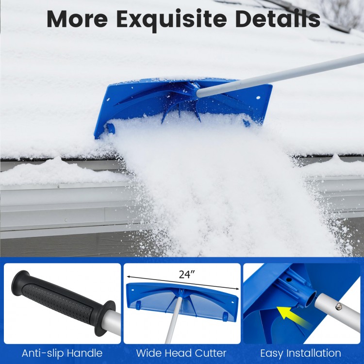 Snow roof rake with a 24" wide blade and wheels, designed for efficient snow removal from roofs and solar panels.