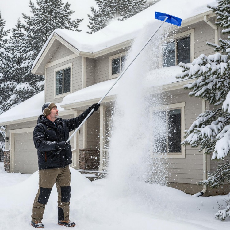 Snow roof rake with 24-inch wide blade, adjustable length, and wheels for efficient snow removal from roofs.
