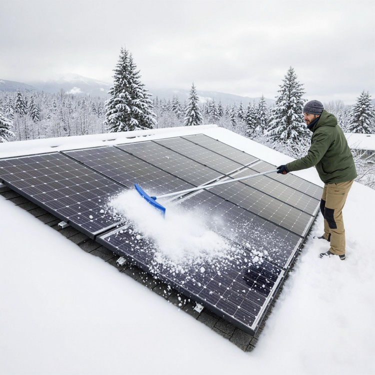 Snow roof rake with 24-inch wide blade clearing snow from solar panels, featuring adjustable length and protective.