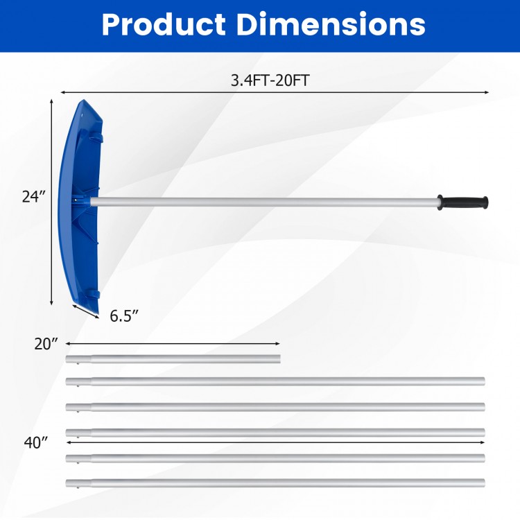 Adjustable snow roof rake with a 24-inch wide blade and wheels, designed for efficient snow removal from various.