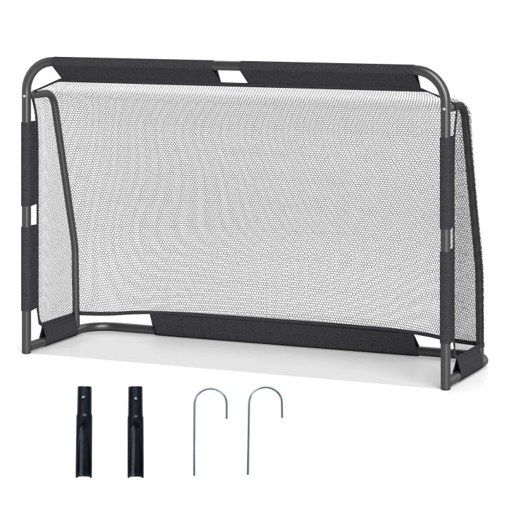 Soccer goal set featuring a 6 ft x 4 ft metal frame, knotless PE net, and anchoring system for backyard training.
